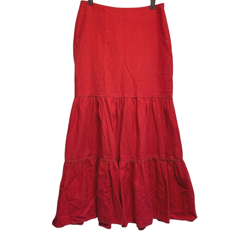 Hennes Maxi Skirt 8 Red Linen Cotton Tiered Ruffle Boho Lined Prairie Whimsigoth